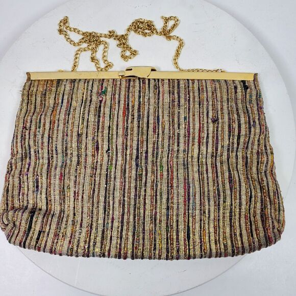 Vintage Ribbed Fabric Clutch Shoulder Bag Tan Fabric Hinged Purse Unisex - Picture 2 of 5